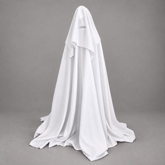 SHROUD full-size animatronic ghost with flowing white fabric and a subtle face silhouette.