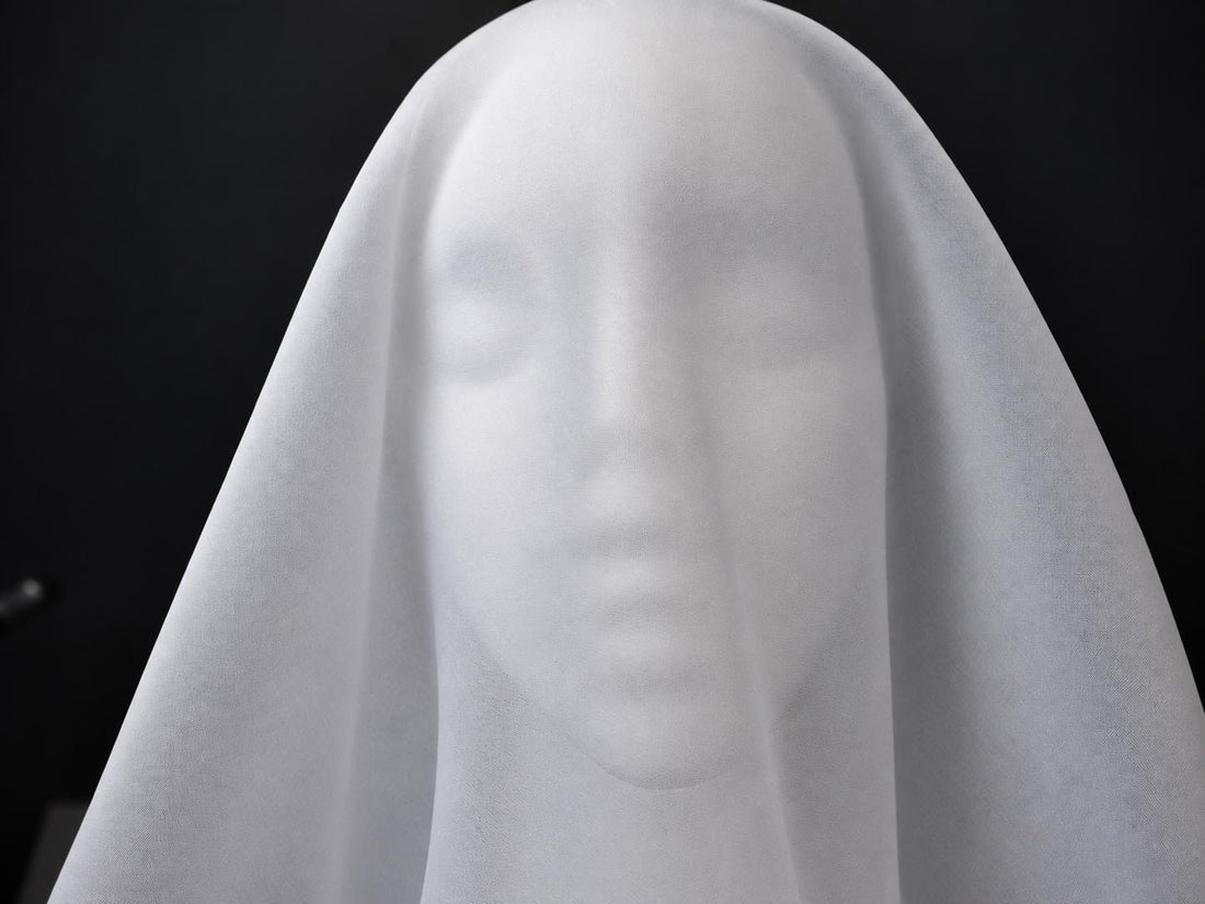SHROUD’s subtle face silhouette beneath intact white fabric.