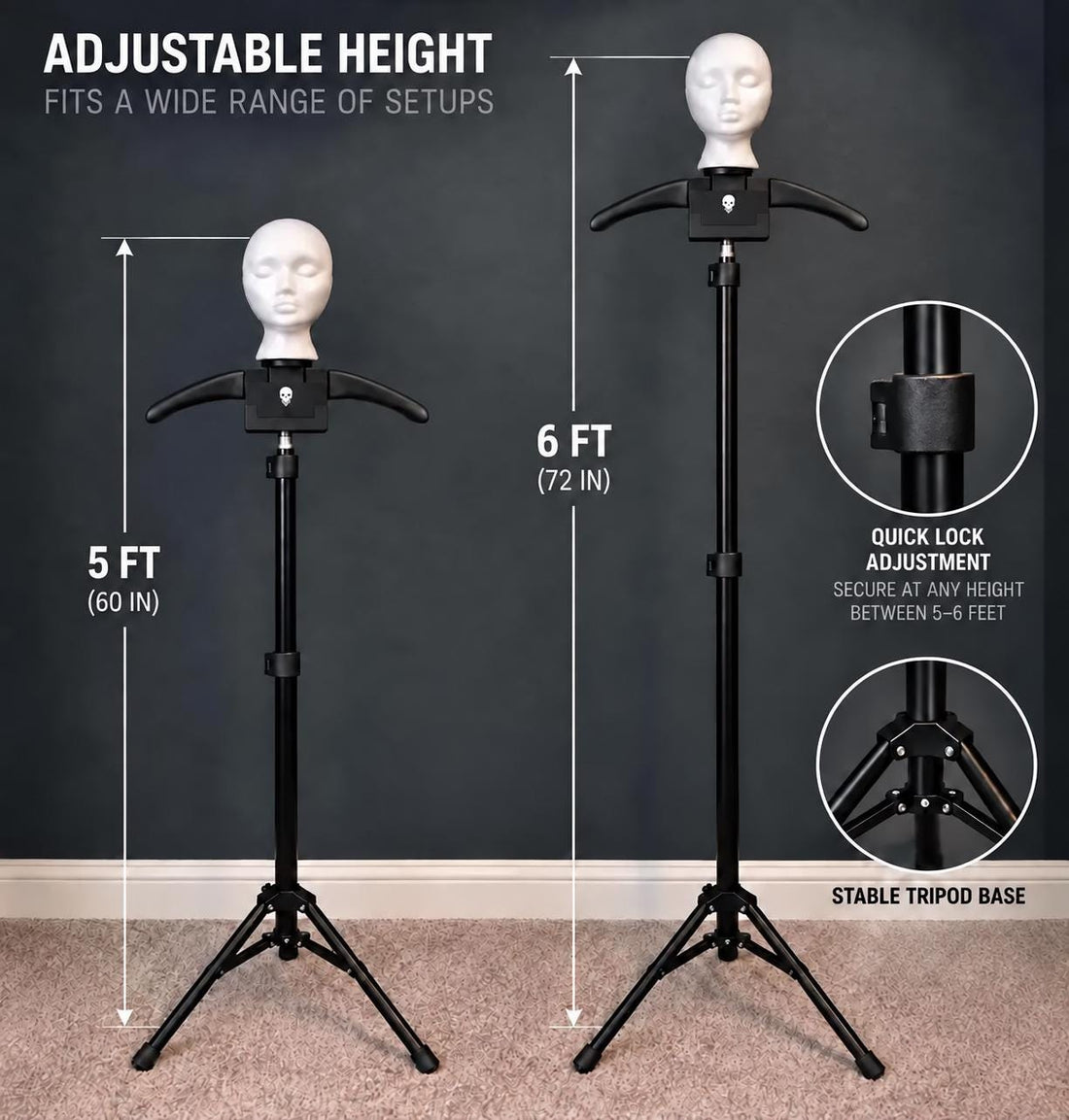 SHROUD’s adjustable stand and approximately 4.5–6 ft display height.